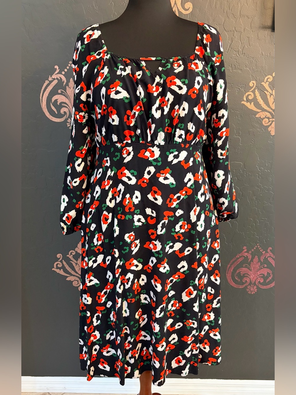 BloomChic Black Long Sleeve Midi Dress with Red, White & Green Floral Print